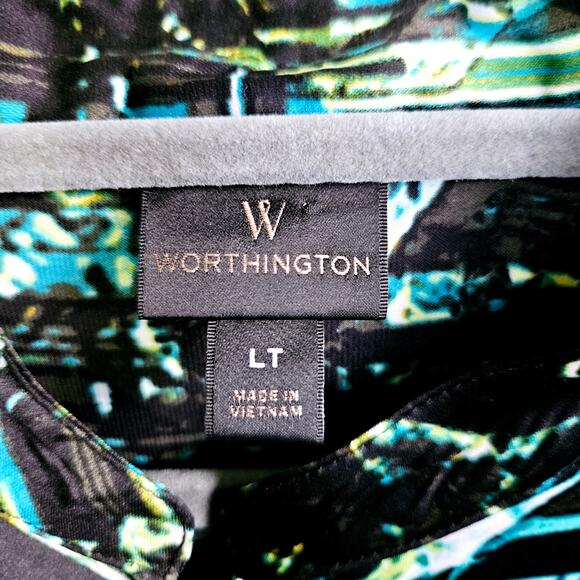 Worthington Women's L Tall Long Sleeve Abstract Button Up Black Blue Disco Top - Picture 6 of 7